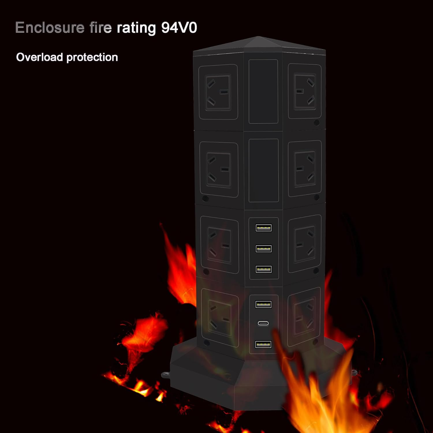 Tower Power Strip USB Surge Protector Socket 16 AC Outlets with PD USB C Ports 40W Chargers 2M Long Extension Cord SAA Certified Black image number 2