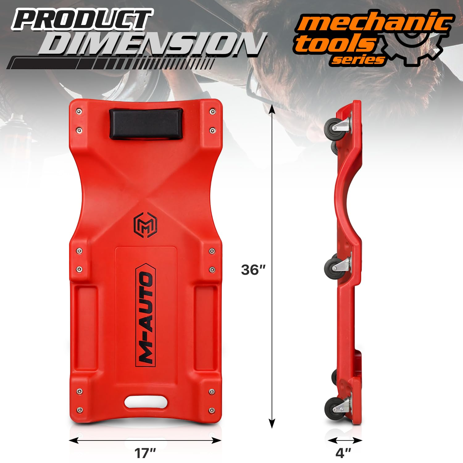 M-AUTO Plastic Rolling Garage Creeper with Padded Headrest 36" Light Weight Automotive Creeper Mechanic Cart with Dual Tool Trays and Noiseless Casters, Red image number 2