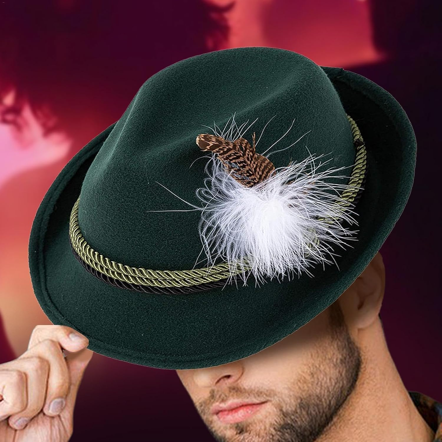 German Alpine Hats - 1Set Faux Leather Fedora Oktoberfest Hat with Headscarf, Eyeglasses,Oktoberfest Costume Accessories Adult German Alpine Bavarian Hat for Adults image number 1