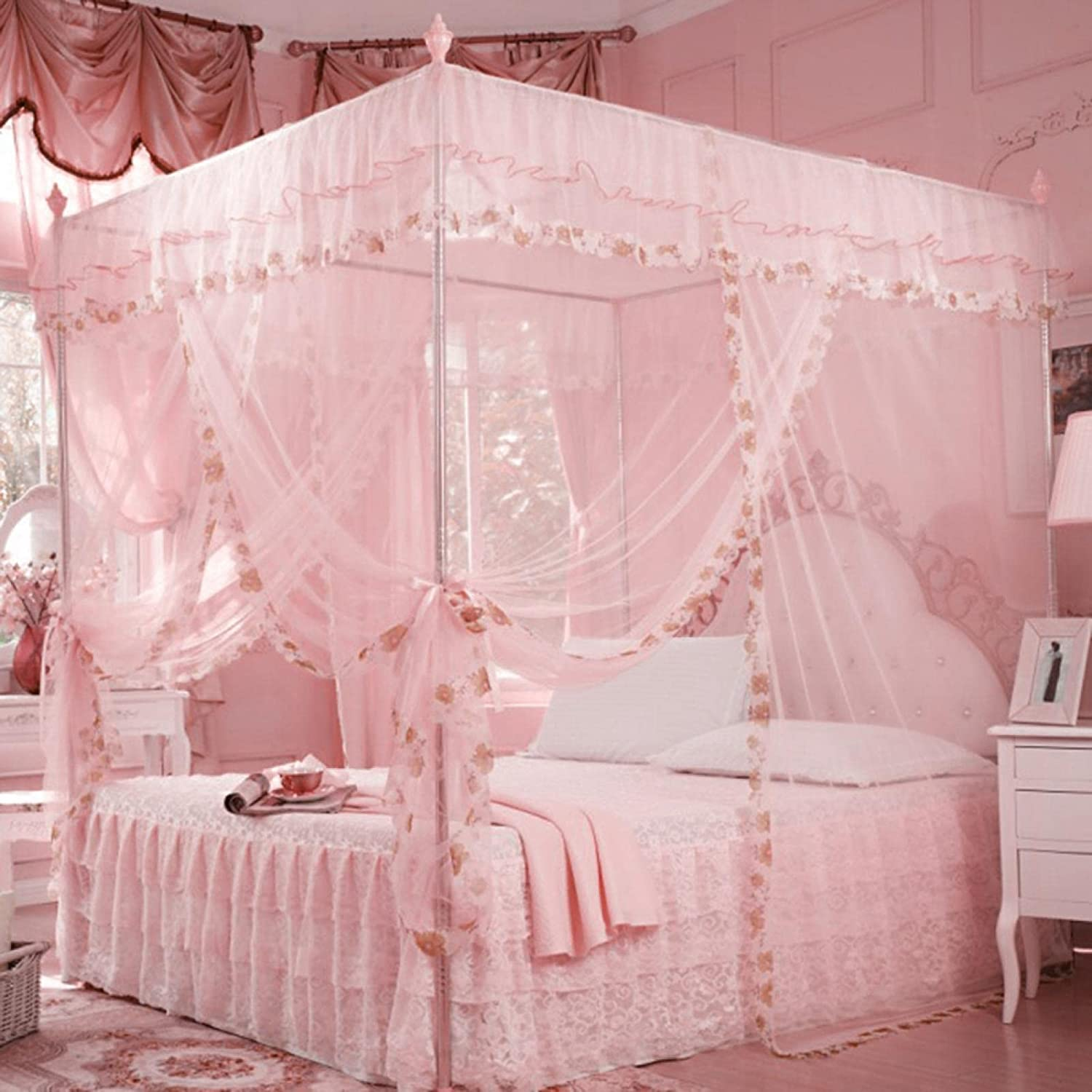 4 Corner Post Mosquito Net, Princess Bed Canopy, Breathable Bed Curtain Full Queen Size Bedroom Decoration #20 (150 * 200 * 200-Pink) - 06 image number 6