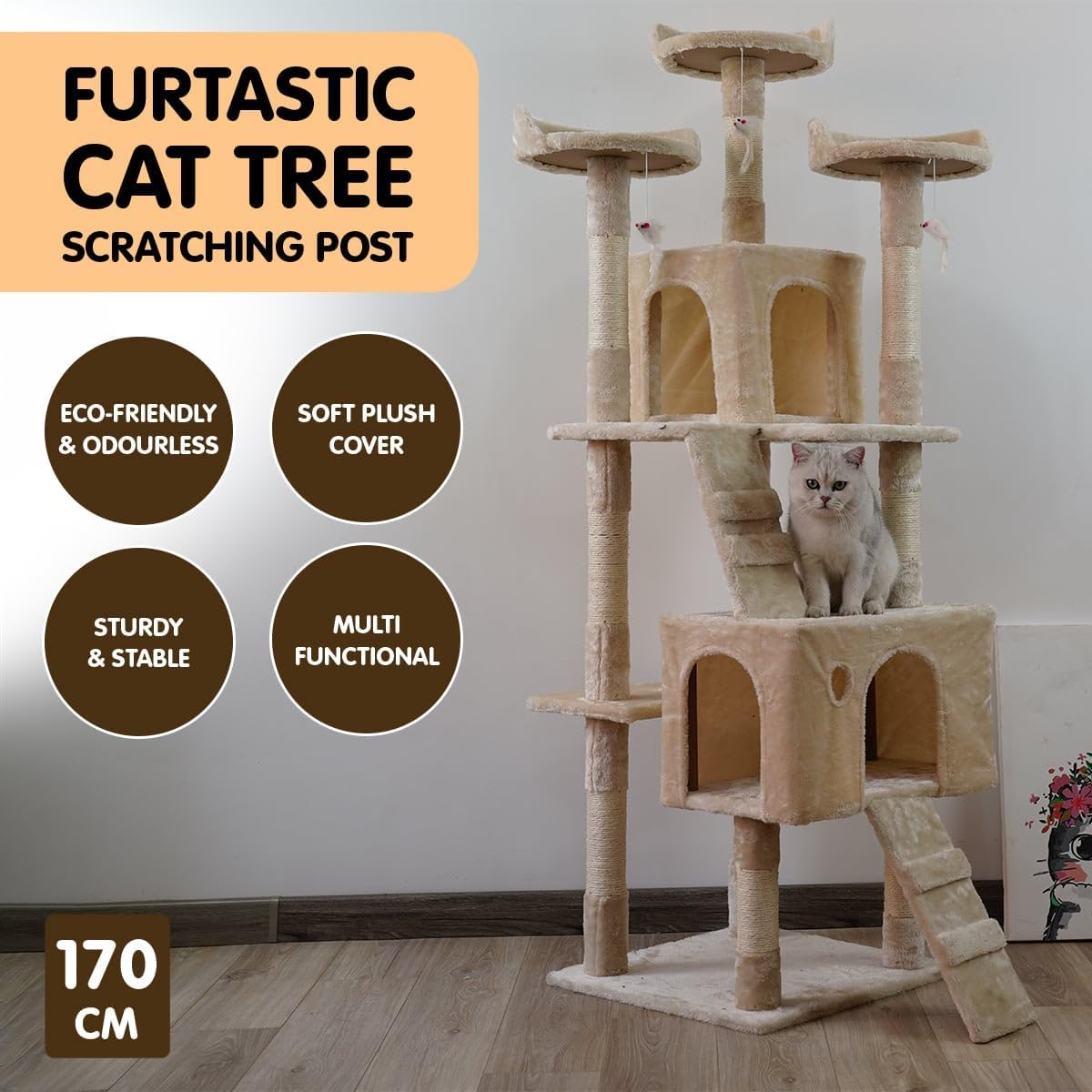 170Cm Cat Tree Scratching Post Condo Tower Furniture - Beige image number 2