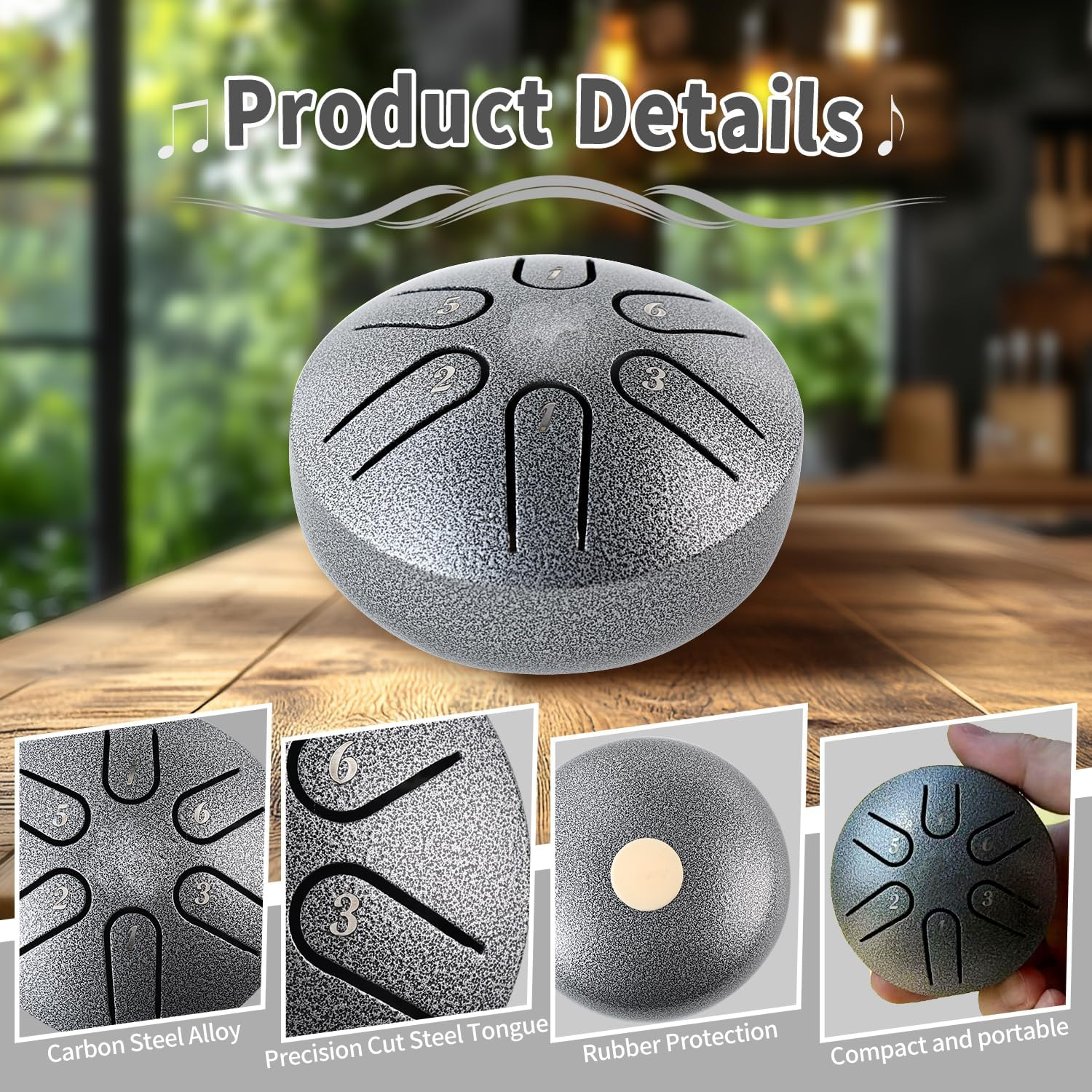 Yahpetes Steel Tongue Drum Musical Percussion Instrument Metal Rain Drum for outside 3 Inch 6 Notes C-Key for Meditation Yoga Education Percussion with Bag, Music Book, Mallets (3"6 Tone, Silver) image number 4