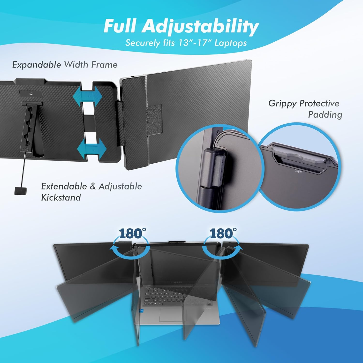 Full HD Portable Monitor for Laptop - 13.3&rdquo; Tri-Screen Laptop Monitor Extender with Single Cable Connection Capability - Laptop Screen Extender for 13&rdquo;-17&rdquo; Laptops - Works with Windows, Mac, Android image number 4