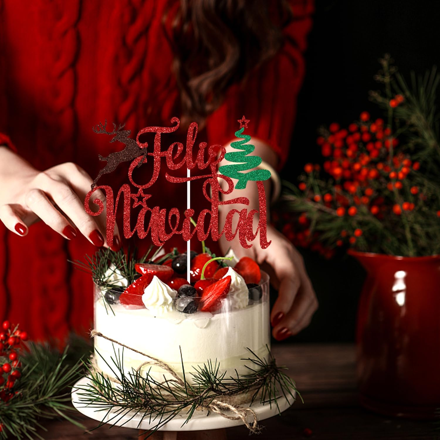 Red Glitter Feliz Navidad Cake Topper, Xmas Santa Christmas New Year Cake D&eacute;cor, Spanish Merry Christmas Themed Holiday Party Decorations Supplies