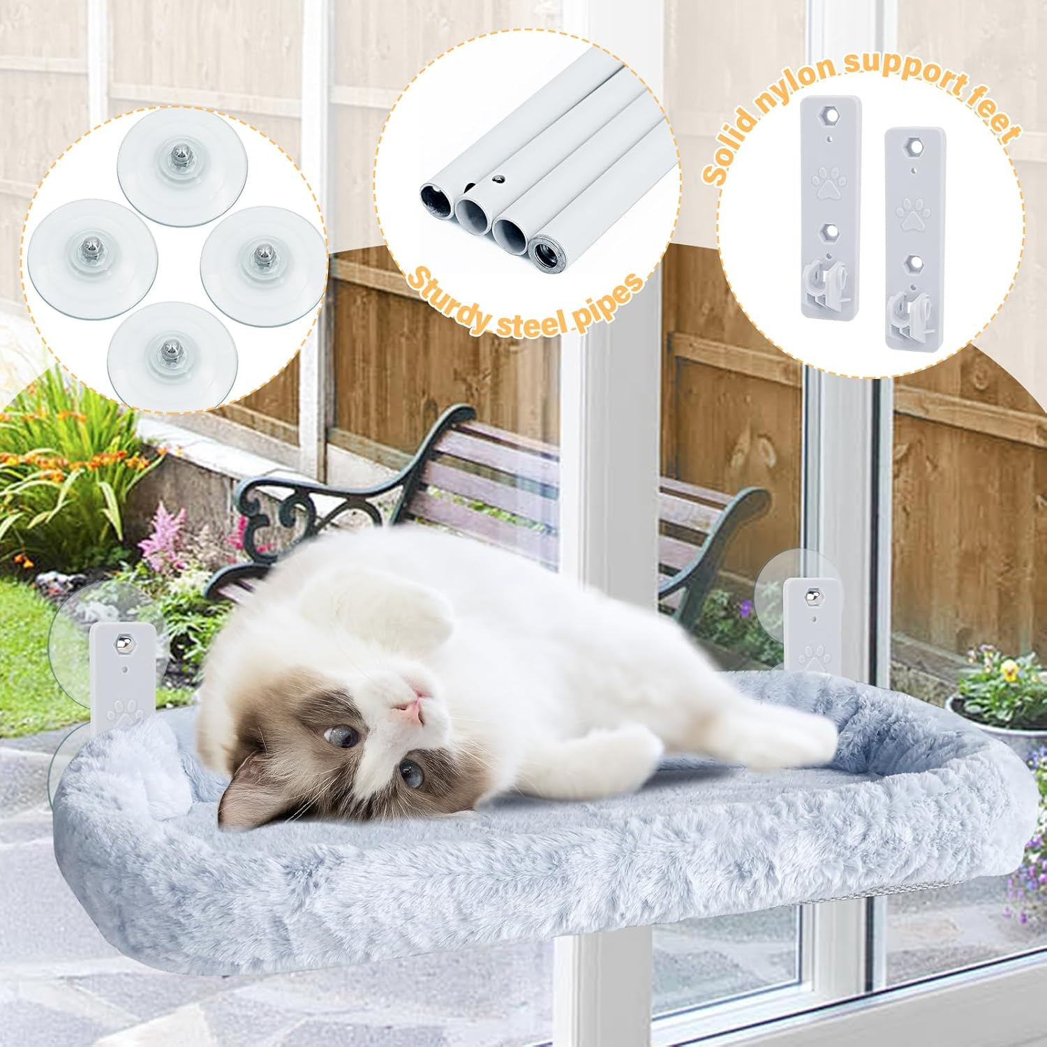 Cat Window Hammock Folding 52 * 30Cm, Cat Window Perch Upgrade Strong Suction Cup, Removable and Washable Dual-Purpose Cloth Pad,Weight Capacity 40Lbs,Easy to Assemble,Grey