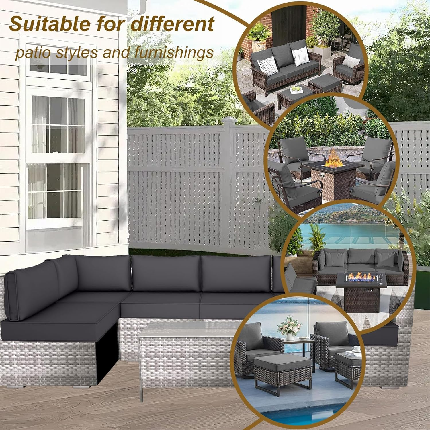 14 Piece Outdoor Patio Cushion Cover Replacement, Waterproof Patio Cushion Covers, Outdoor Furniture Cushion Covers Set for 6 Seat Wicker Rattan Sofa (Deep Grey, 25.6 * 25.6 * 4 Inch) image number 3