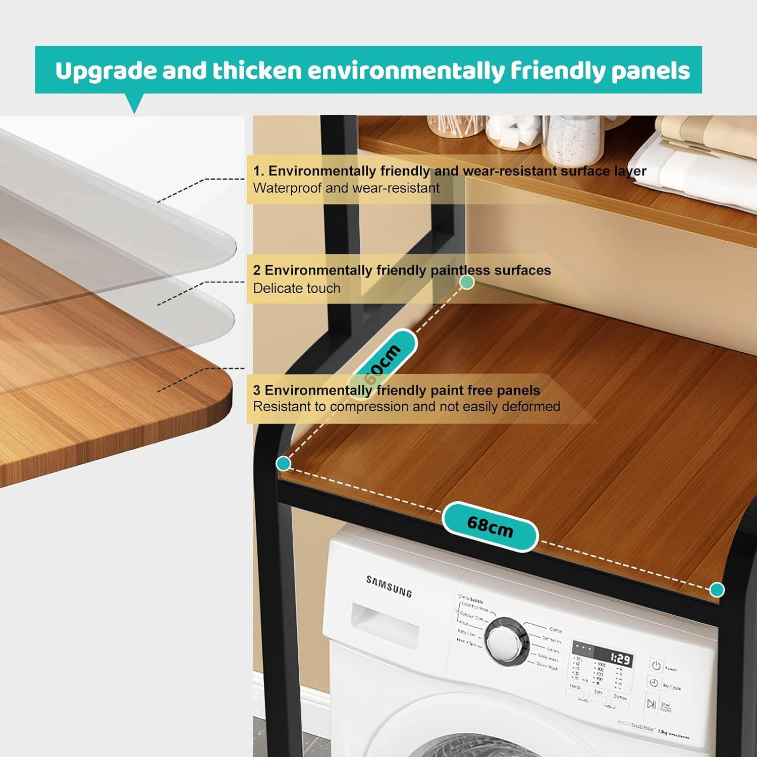 Over the Toilet Storage, 3-Tier Washing Machine Rack, Metal Laundry Shelf, above Washer Dryer Organizer for Bathroom, Balcony Space Saving (Black) image number 5