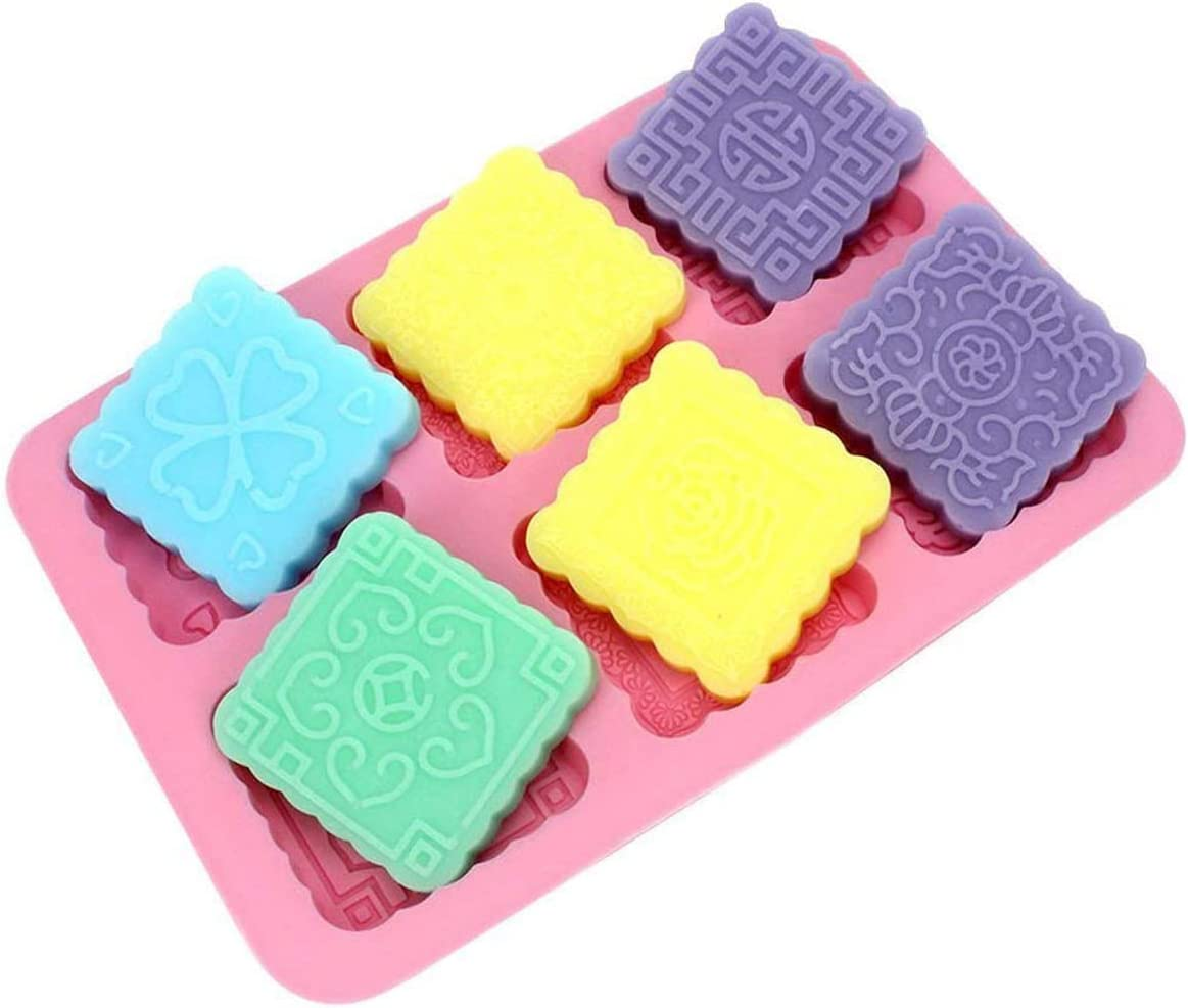 Soap Mold Silicone for Soap Making 2 Pcs, 6 Cavity Cupcake Mold round and Square Mooncake Pattern for DIY Handmade Craft (Pink)