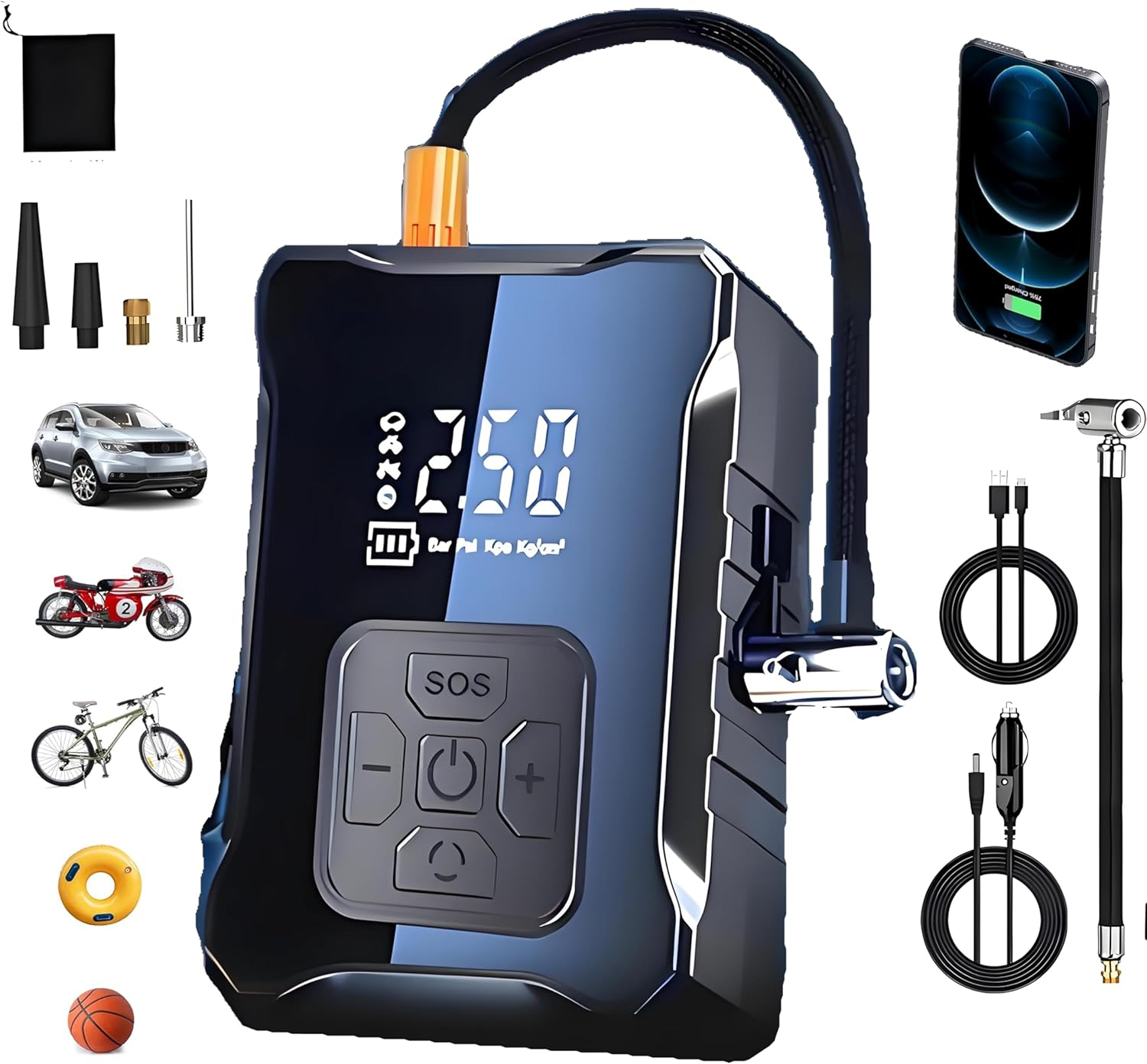 Portable Cordless Tyre Inflator,Air Compressor 150 PSI with Digital Pressure Gauge, Rechargeable Battery, and LED Light for Cars, Bikes, and Balls image number 1