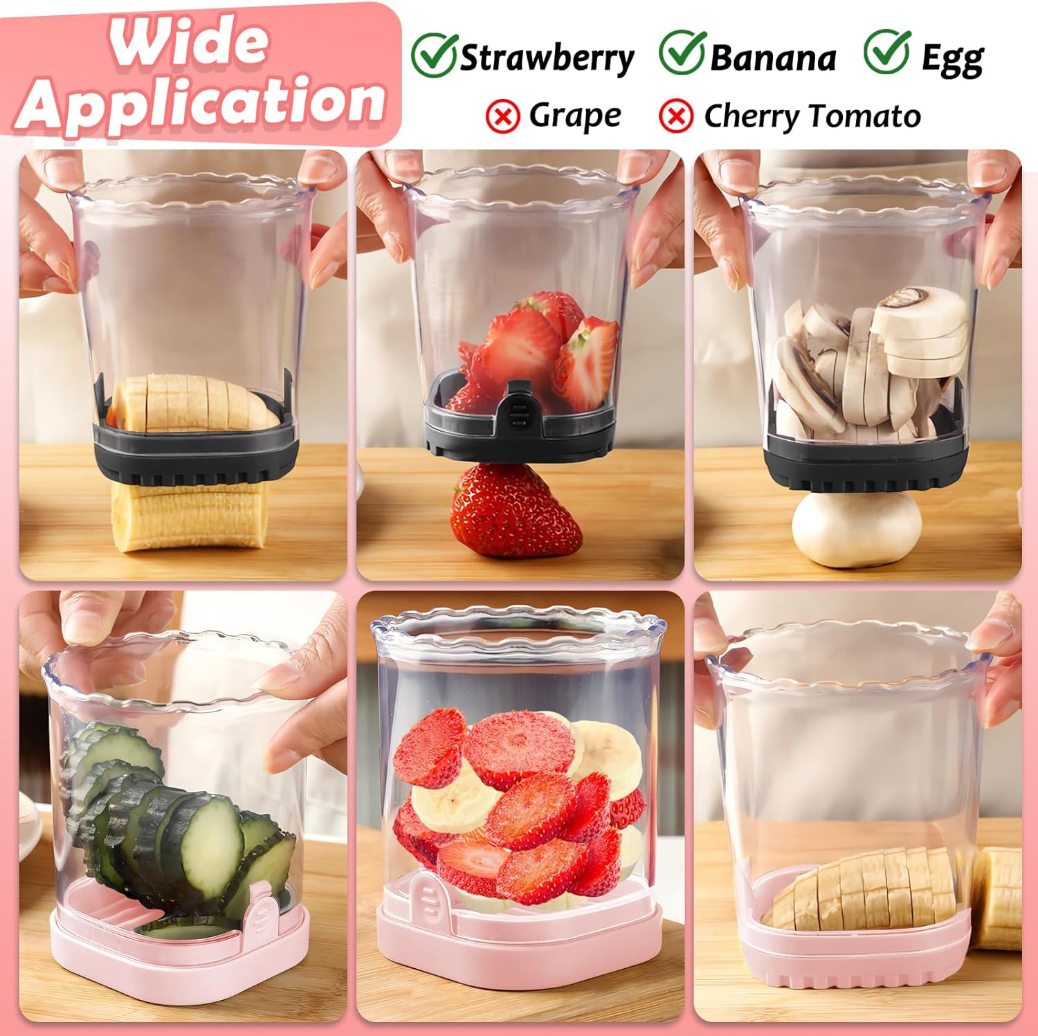 Fruit Slicer Cup | Strawberry Slicer | Banana Slicer | Grape Cutter | Egg Slicers | Detachable Fruit Cutter Slicer with Push Plate | Creative Strawberry Slicer Kitchen Gadget (Black + Pink) - 2, Black + Pink image number 2