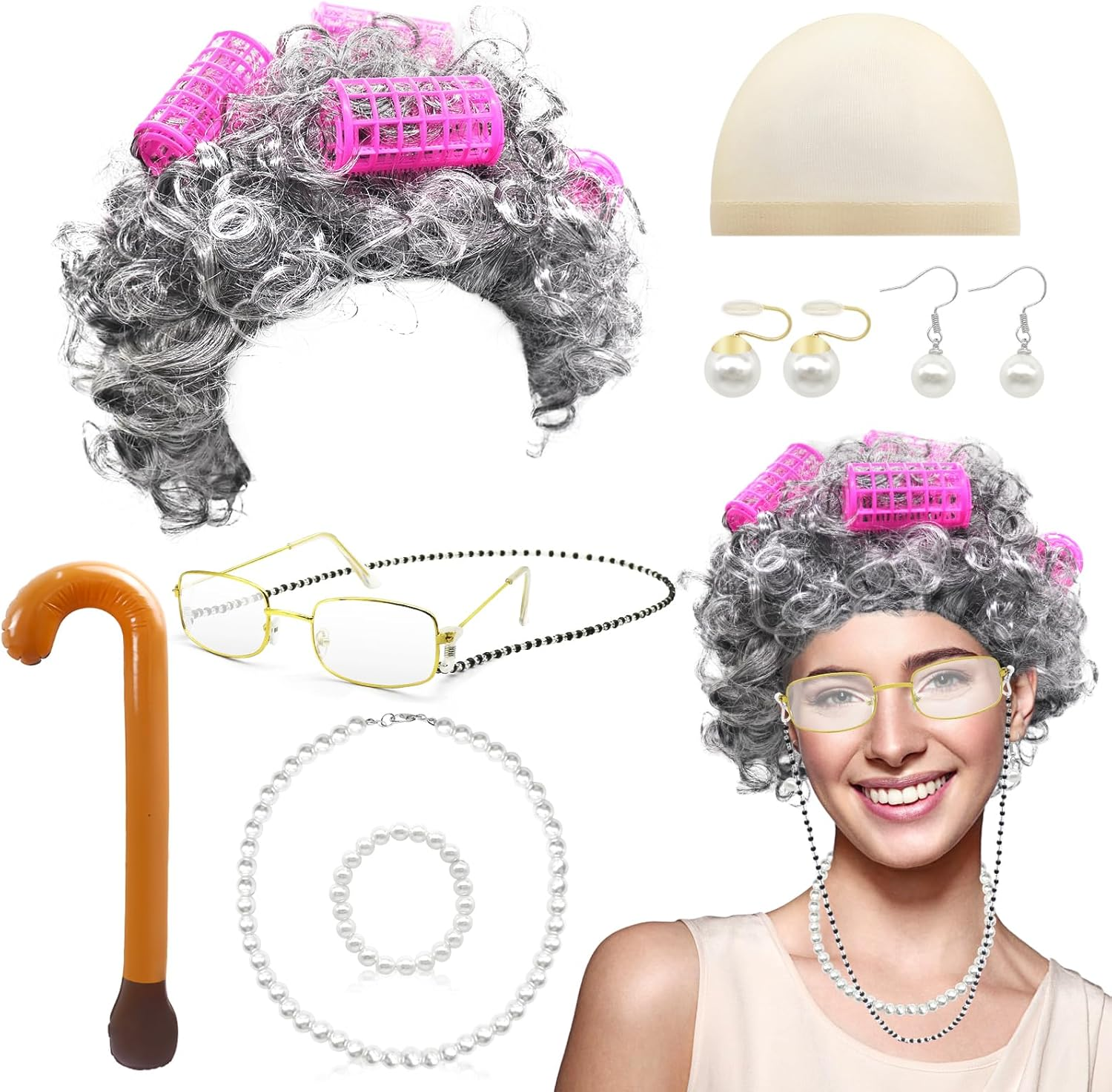 10Pcs Old Lady Costume Set, Grandma Wig Cap Including Glasses Pearl Earring Bracelet Necklace Inflatable Walking Stick, Grandmother Fancy Dress Costume for Christmas Halloween World Book Day image number 2