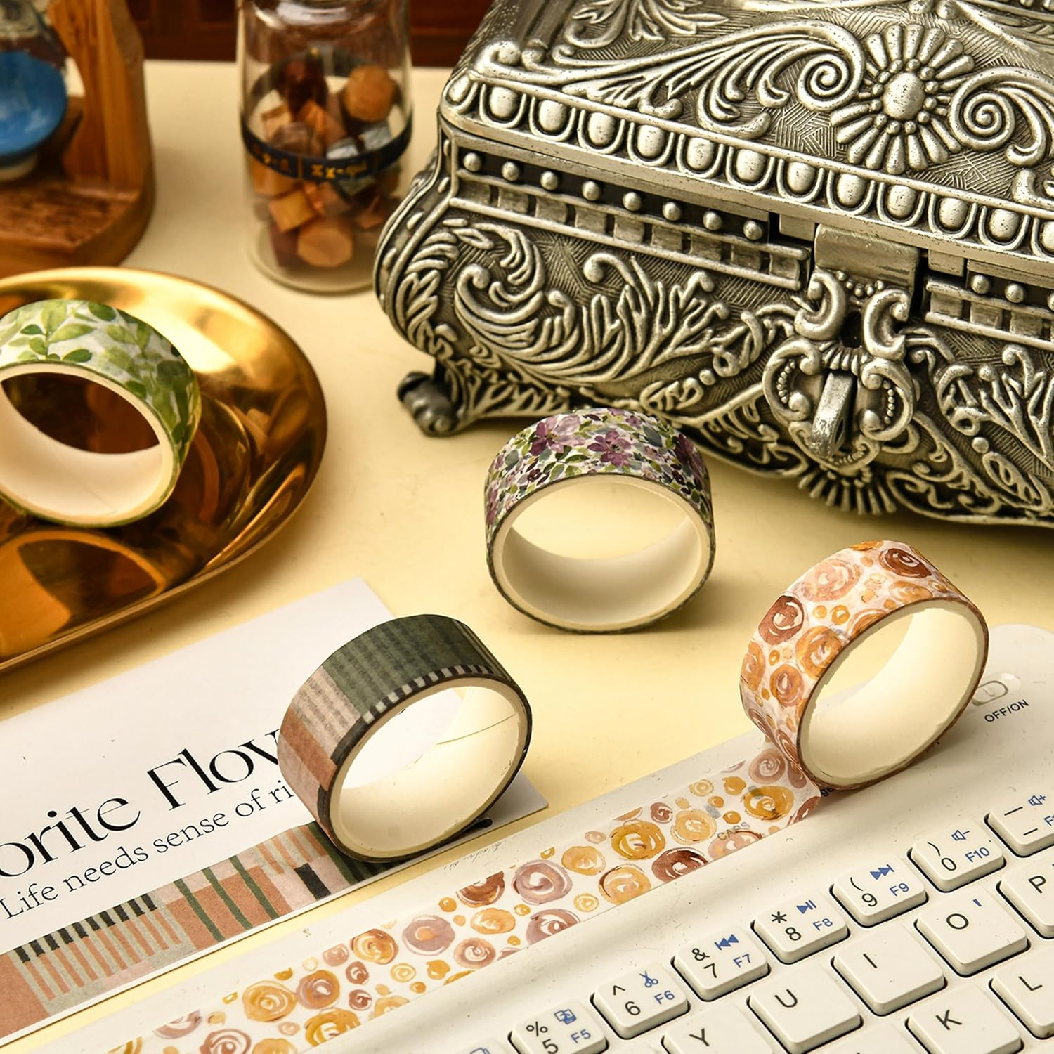 8 Rolls Retro Washi Tape Set Vintage Arts Adhesive Tapes Wide Painting Patterned Decorative Masking Tape Sets for Craft, Kids, Scrapbook, DIY, Gift Wrapping (Flowers & Plants) - Stone Texture image number 6