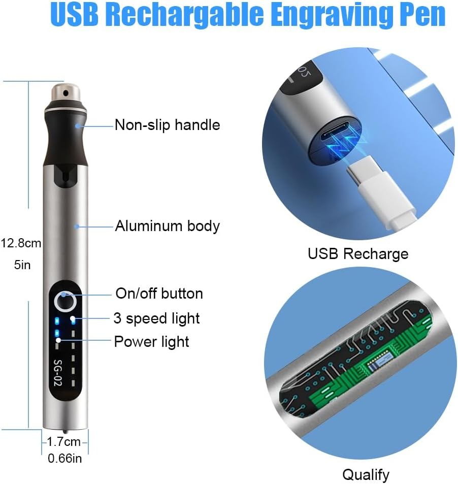 USB Rechargable Engraving Pen with 35Bits,Mini Electric Engraver Etching Machines Cordless Rotary Tools Engraved Jewelry Stone Metal Plastic Wood Resin Model (Silver) image number 1