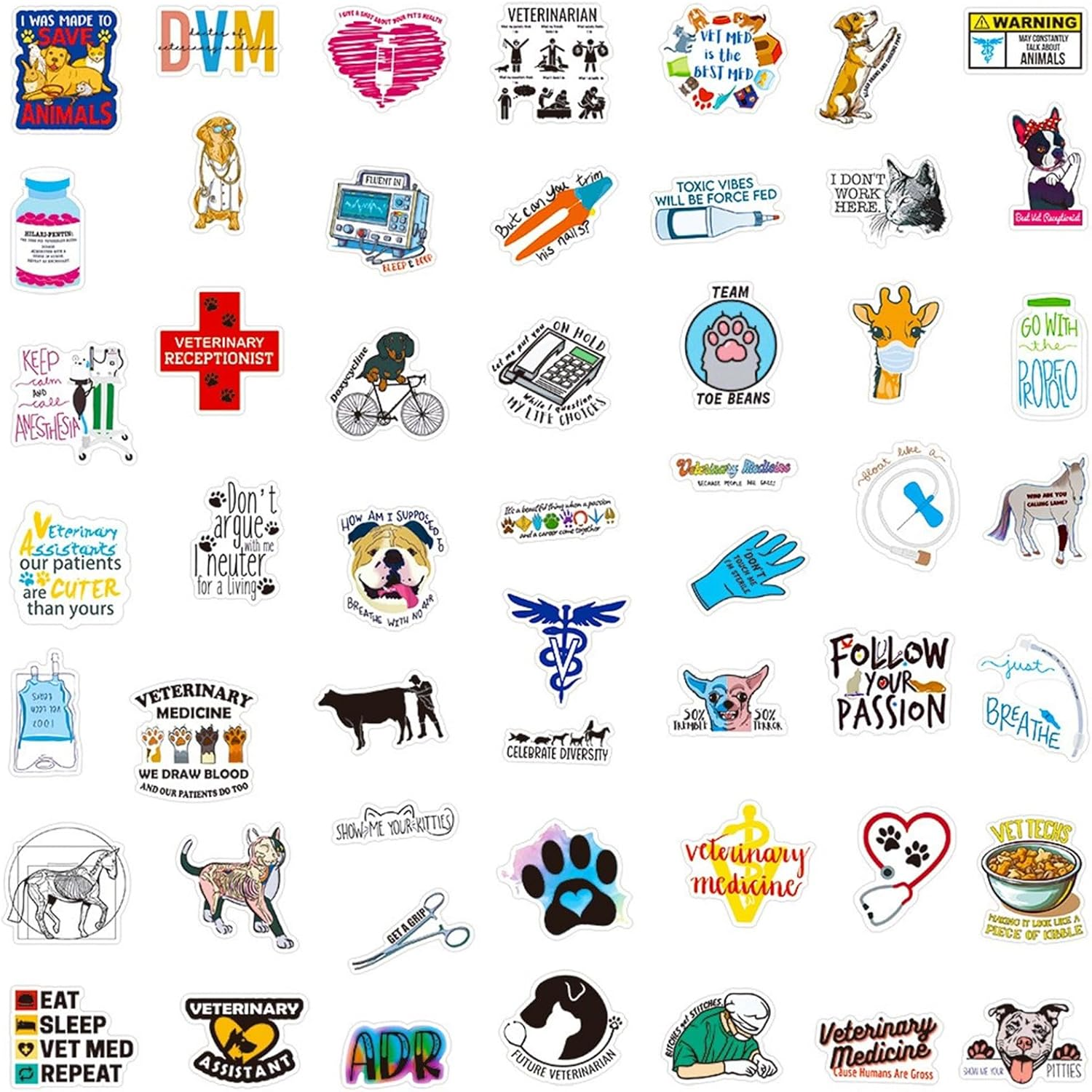 50 Pcs Funny Veterinary Stickers and Decals, Cute Veterinarians Vinyl PVC Waterproof Stickers for Water Bottle Skateboard Luggage Laptop Computer Phone, Vet Tech Party Favors for Kids Teens Adults image number 4