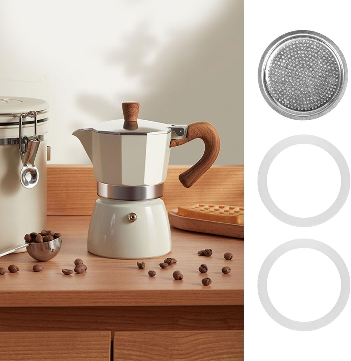 Stainless Steel Moka Pot 4 Cup Filter Screen and Replacement Silicone Gasket Seals Set for Stovetop Espresso Coffee Makers