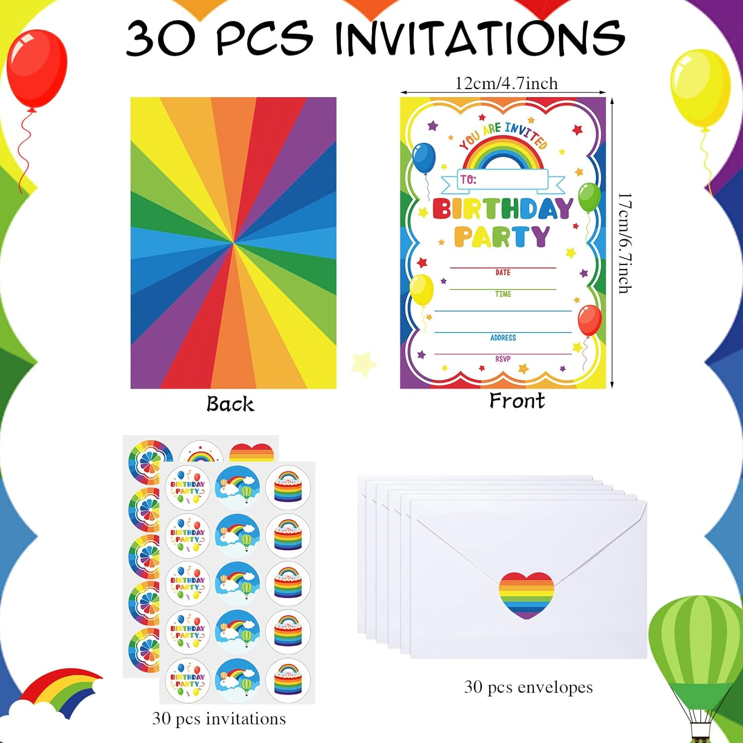 30 Pack Rainbow Birthday Party Invitations for Boys Girls Kids Birthday Invitations with 30 White Envelopes and 30 Seal Stickers Labels Rainbow Party Decorations Supplies Cards image number 2