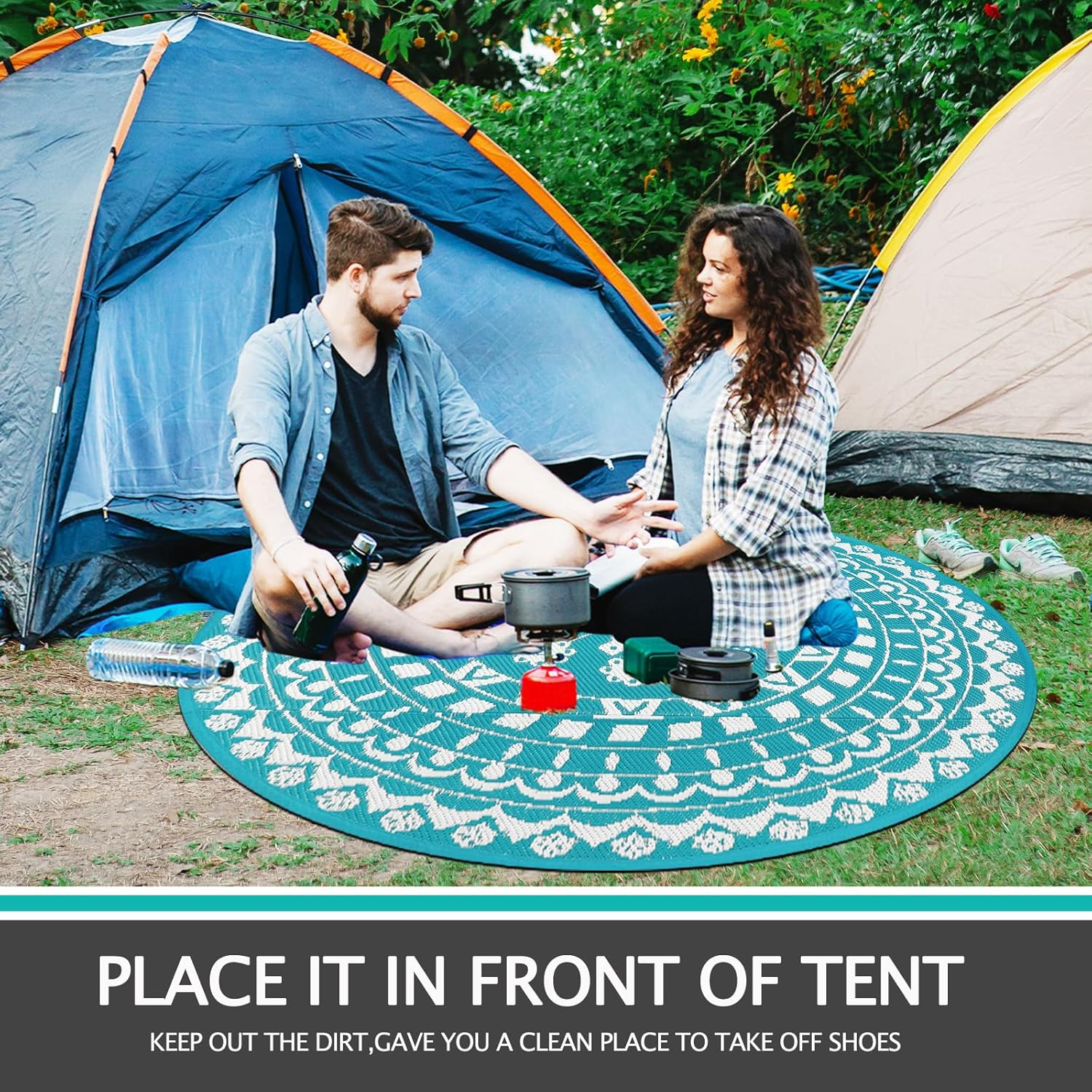 Capslpad round Outdoor Rug for Patio 150Cm Boho Reversible RV Mat Waterproof Outdoor Plastic Straw RV Camping Rug outside Circle Area Rug for Porch Deck Terrace Picnic Beach Apartment Pool Decor,Teal image number 5