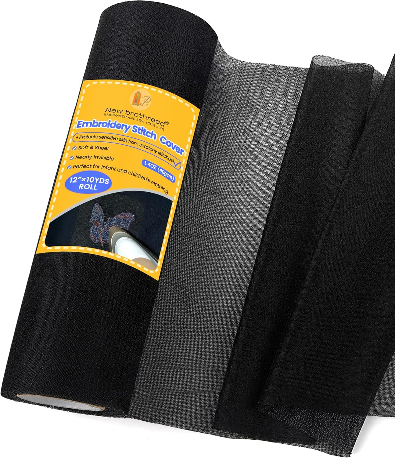 New Brothread Soft & Cozy Embroidery Stitch Cover 12"X10Yd (30.5Cmx9.1Meter) Fusible Light Weight Stabilizer Covering Scratchy Stitches - Black image number 4