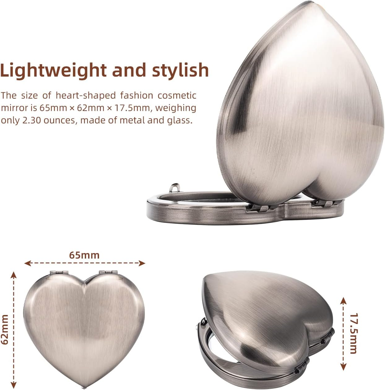 Mini Vintage Heart Elegant Makeup Mirror, Portable 1X/2X Magnifier (Silver)