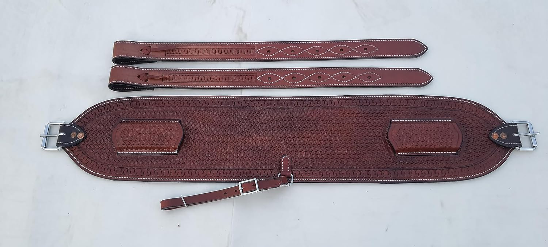 Western Horse Floral Tooled Leather Rear Flank Saddle Roper Back Cinch with Billets (Tan) image number 3