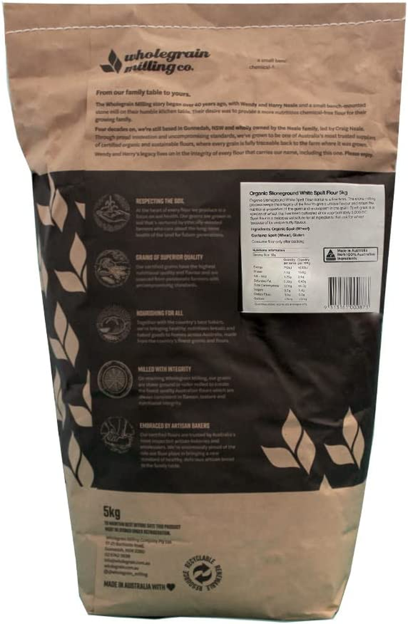 Wholegrain Milling Co, Organic Stoneground White Spelt Flour, 5Kilograms - Stone Ground. Ancient Grain with a Wholegrain Flavour. Nutrient Dense. Contains a Fine Bran.