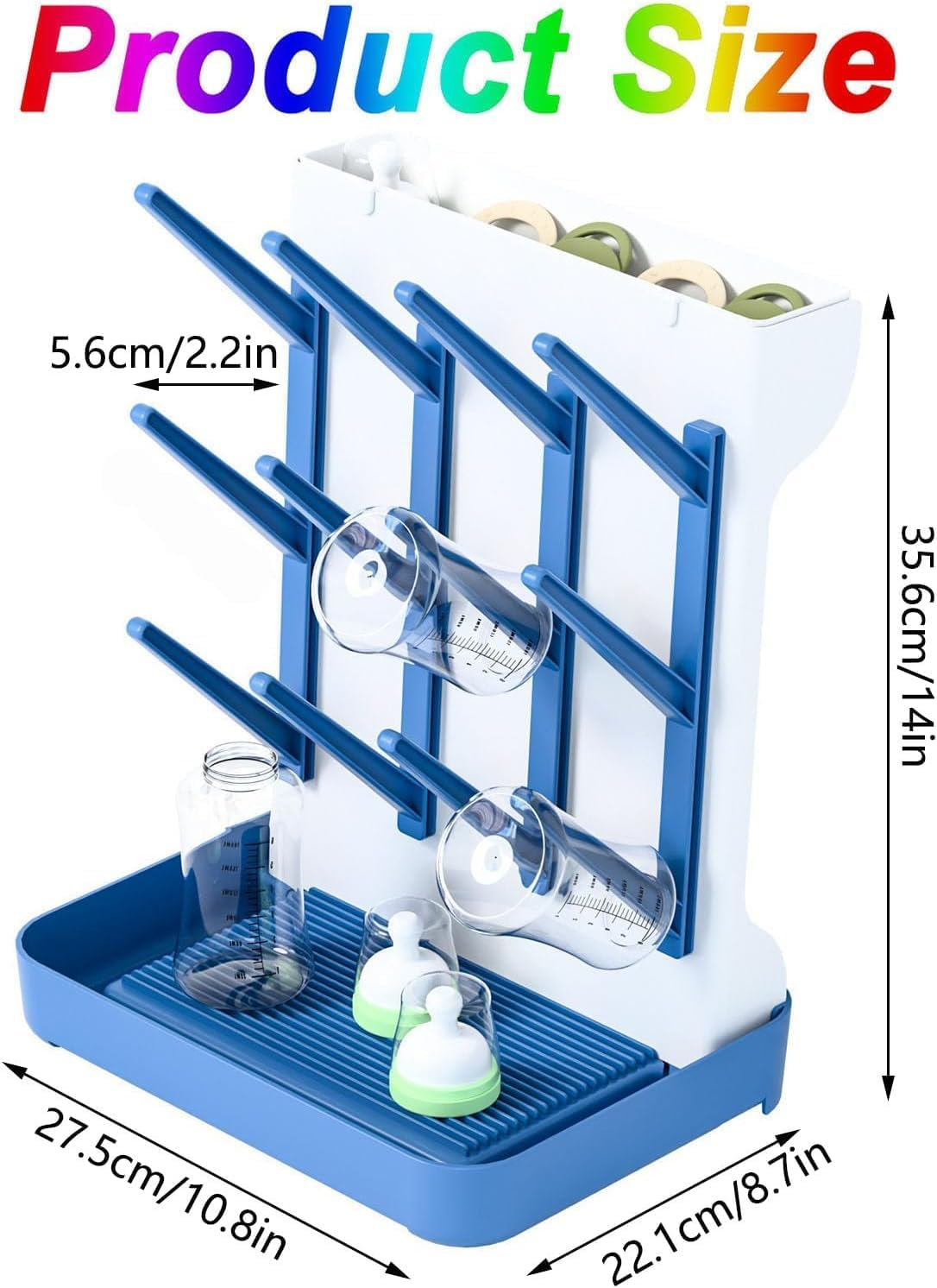 Baby Bottle Drying Rack Space Saving, WADY Large Vertical Baby Bottle Storage Organizer & Bottle Dryer Rack for 12 Pc 8 Oz Bottles and Baby Accessory, Pump Parts, Pacifiers or Brush Stand (Blue) image number 2