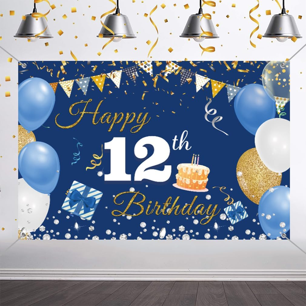 12Th Birthday Decorations Backdrop Banner for Boys/Girls Happy 12 Years Old Fabric Sign Poster, Blue Photography Background 12Th Birthday Party Supplies, 59"X35.4" image number 3