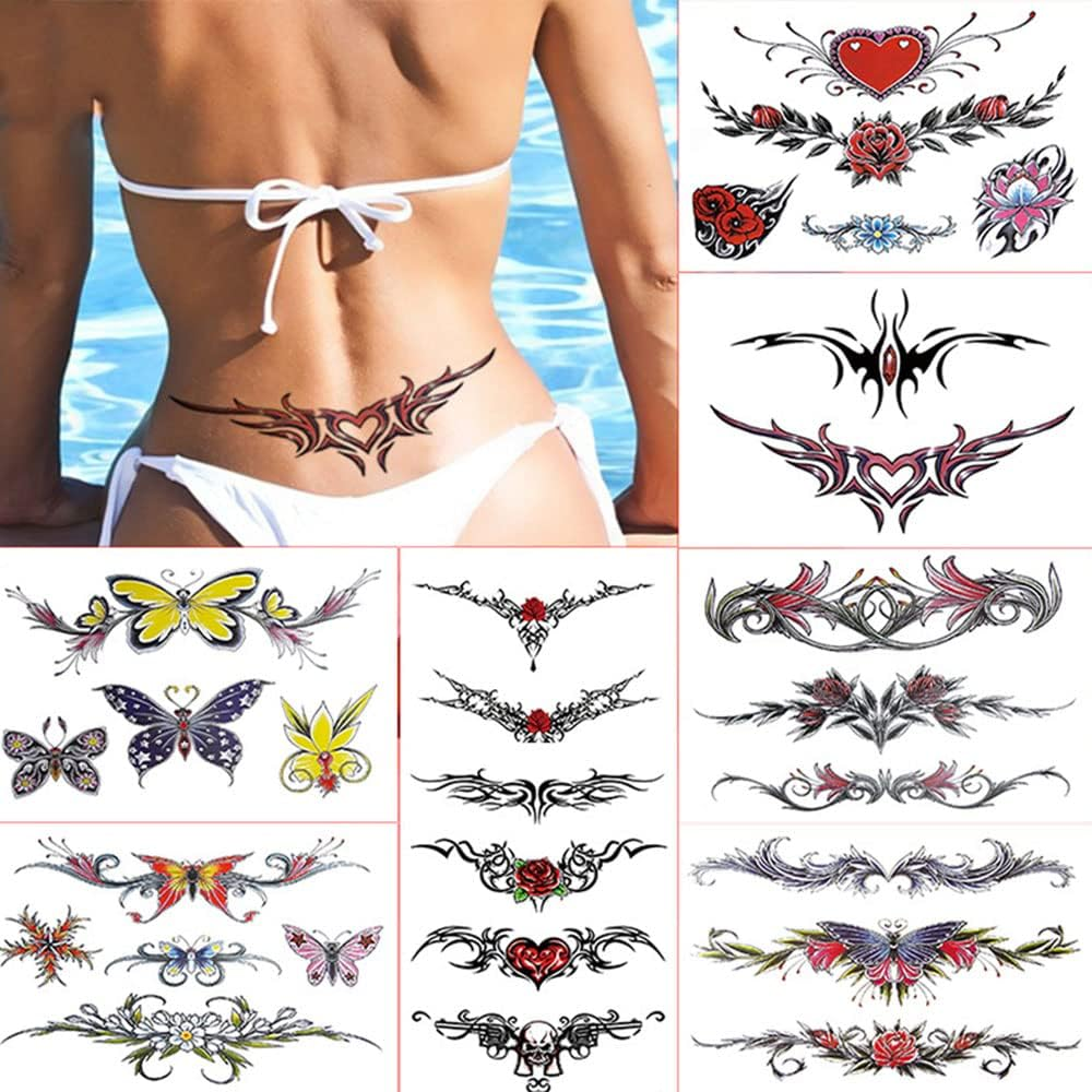8 Sheets Belly Tattoos Stickers Temporary Fun Waist Cover Scar Female Tattoo Waterproof for Female Women and Girls image number 2