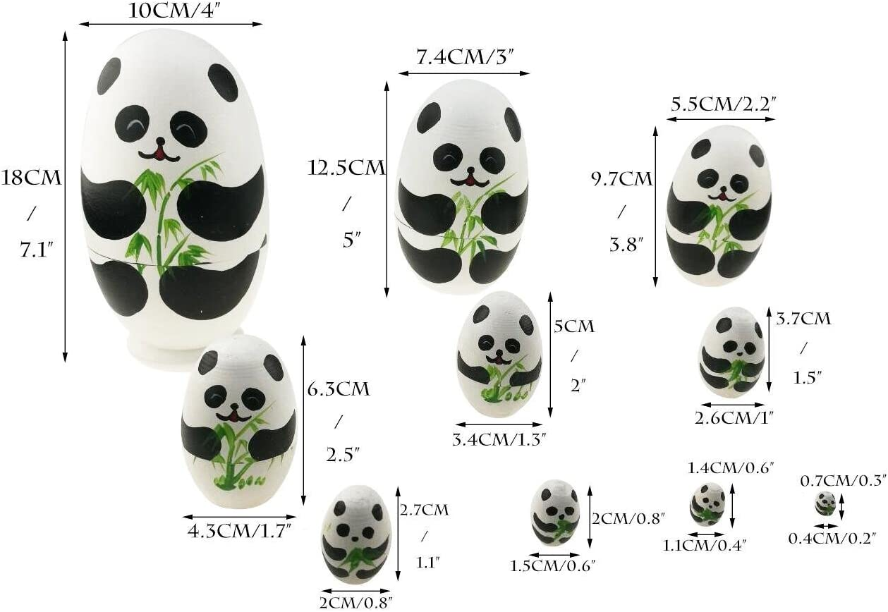 Handmade Wooden Stacking Panda Nesting Dolls - Set of 10 Cute Panda Bear Egg Shaped Matryoshka Babushka Dolls for Kids image number 5