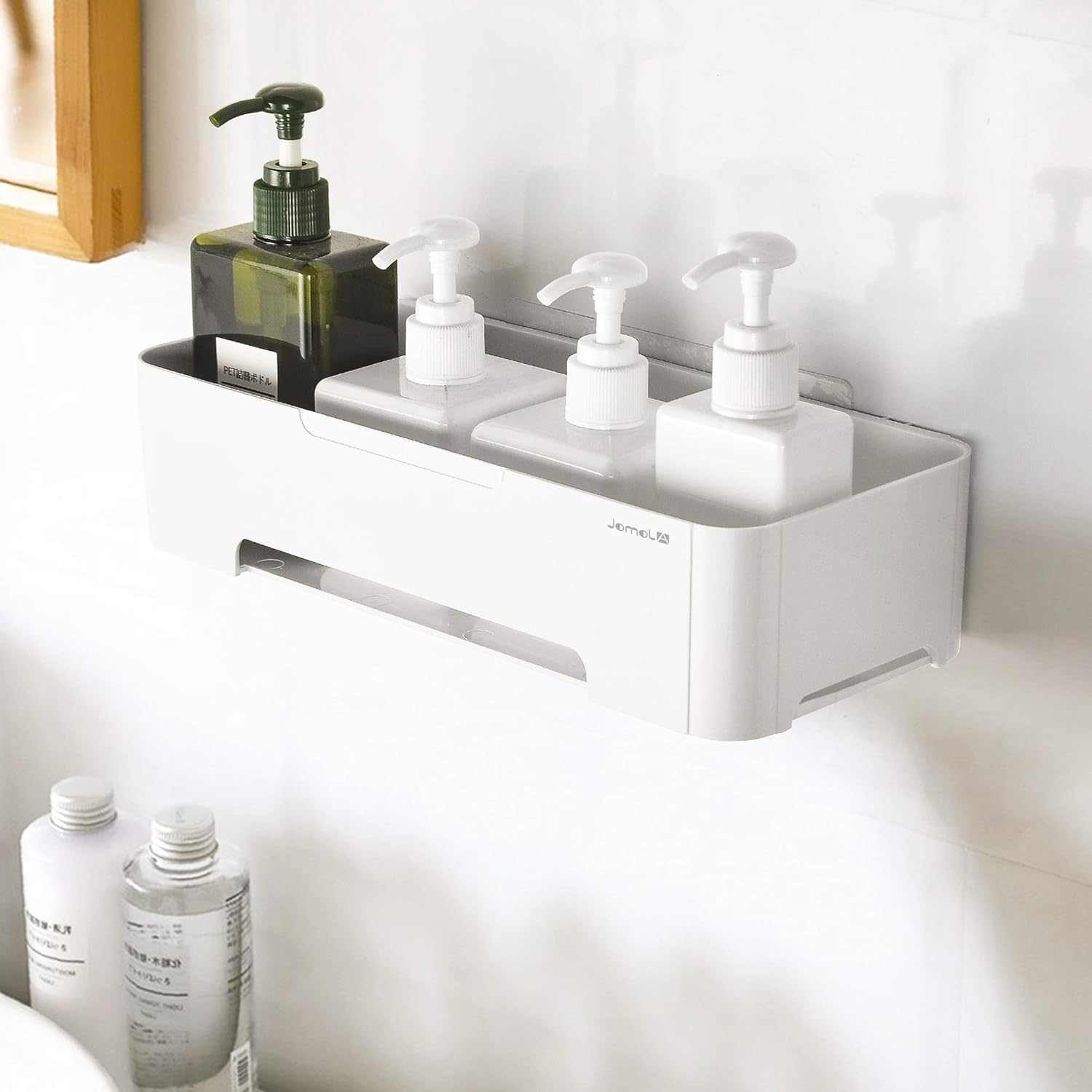 Bathroom Shower Caddy- JOMOLA Adhesive Shower Caddy Shelf for Bathroom Wall Plastic Shampoo Holder for Shower Storage Organizer Caddy Basket White image number 5