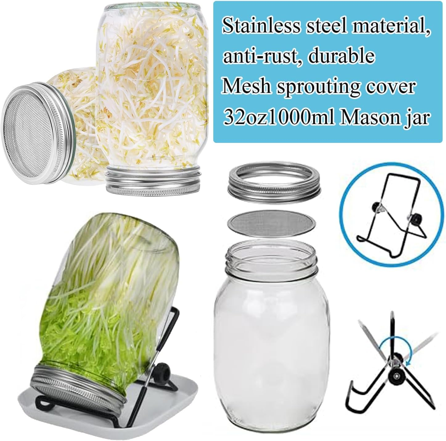 2-Piece Sprouting Jar Kit, Glass Jars with Stainless Steel Germination Covers, Adjustable Drainage Stand, Indoor/Outdoor Use, Clear image number 3