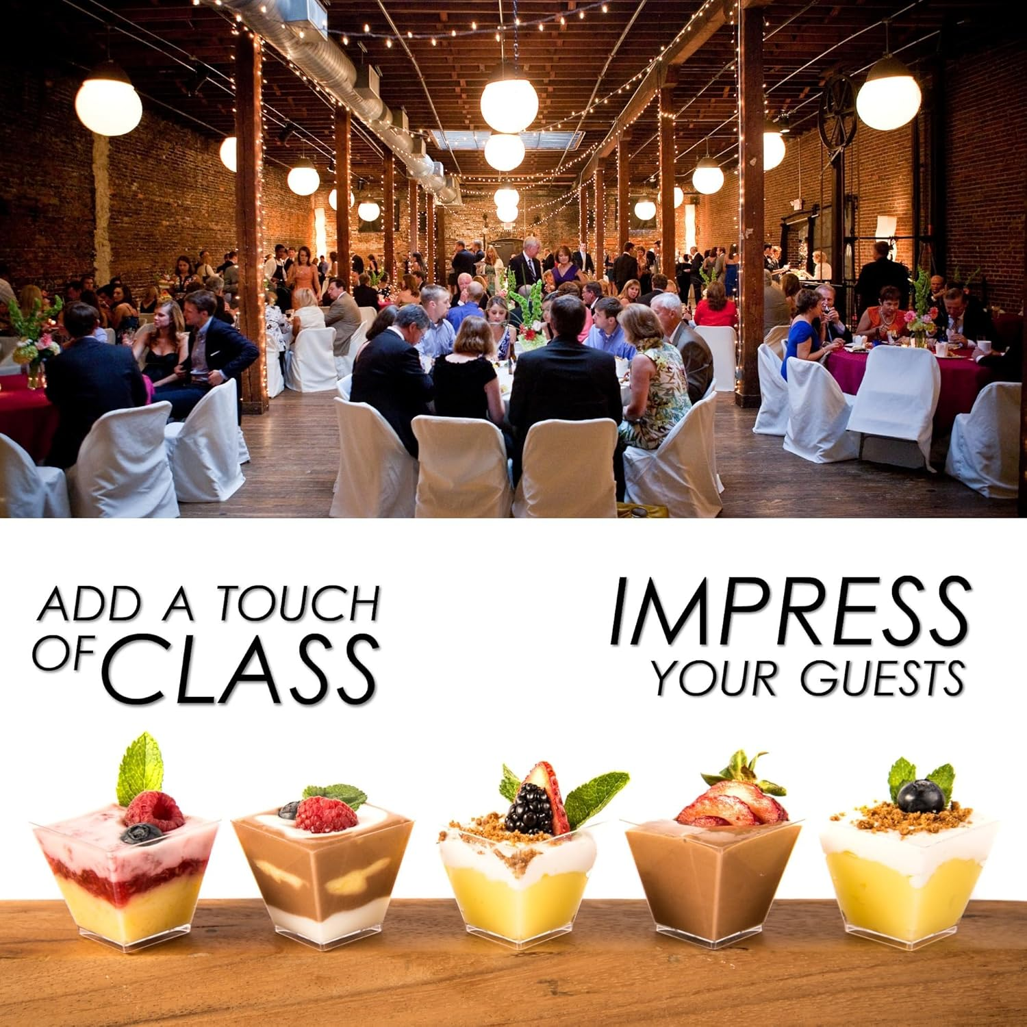 Dlux Mini Dessert Cups with Spoons (105 Ml X 50 Pcs) Clear Plastic Parfait Appetizer Cups, Square Medium 3.5 Oz Small Reusable Bowl for Party Desserts Appetizers - with Recipe Ebook