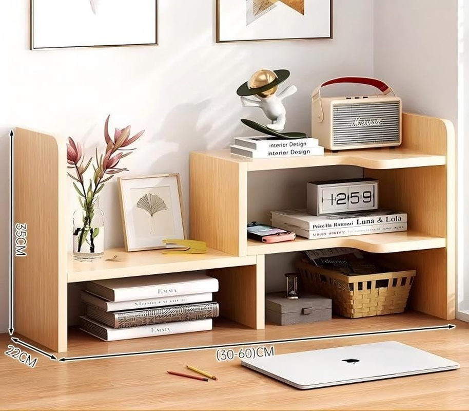 Joiena Desktop Bookshelf Desk Storage Organizer Adjustable Wood Bookcase Desktop Display Shelf Stand Rack with Cabinet Office Supplies (Wood, without Door) - With Door, Brown image number 6