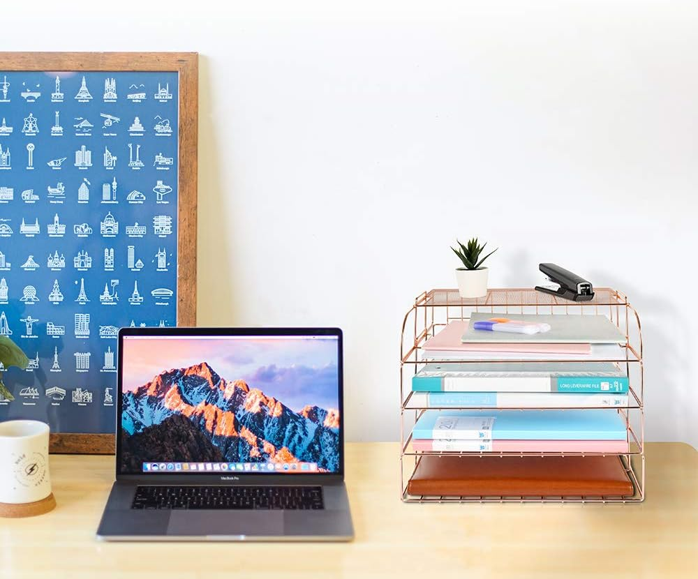 Spacrea Letter Tray, 4 Tier Rose Gold Desk Organizers and Accessories for Women, Stackable Paper Tray Organizer Desk File Organizer with 1 Upper Display Shelf (Rose Gold) image number 5