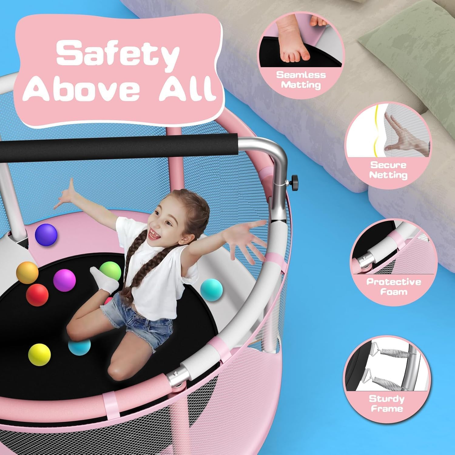 60" Trampoline for Kids with Enclosure, 440Lbs Capacity Indoor & Outdoor Toddler Trampoline with Adjustable Gymnastics Bar & Toys, for Boys & Girls - Pink image number 4