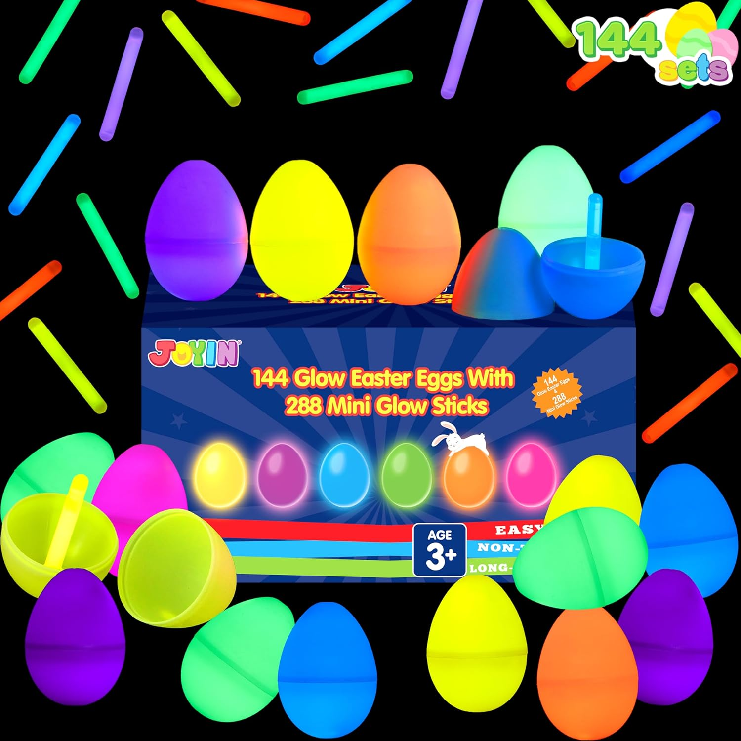 JOYIN 144 Pcs Easter Eggs with 288 Pcs Mini Glow Sticks for Kids Glow-In-The-Dark Basket Stuffers Fillers Gift, Easter Eggs Hunt Game Party Favors Classroom Decorations Supplies image number 4