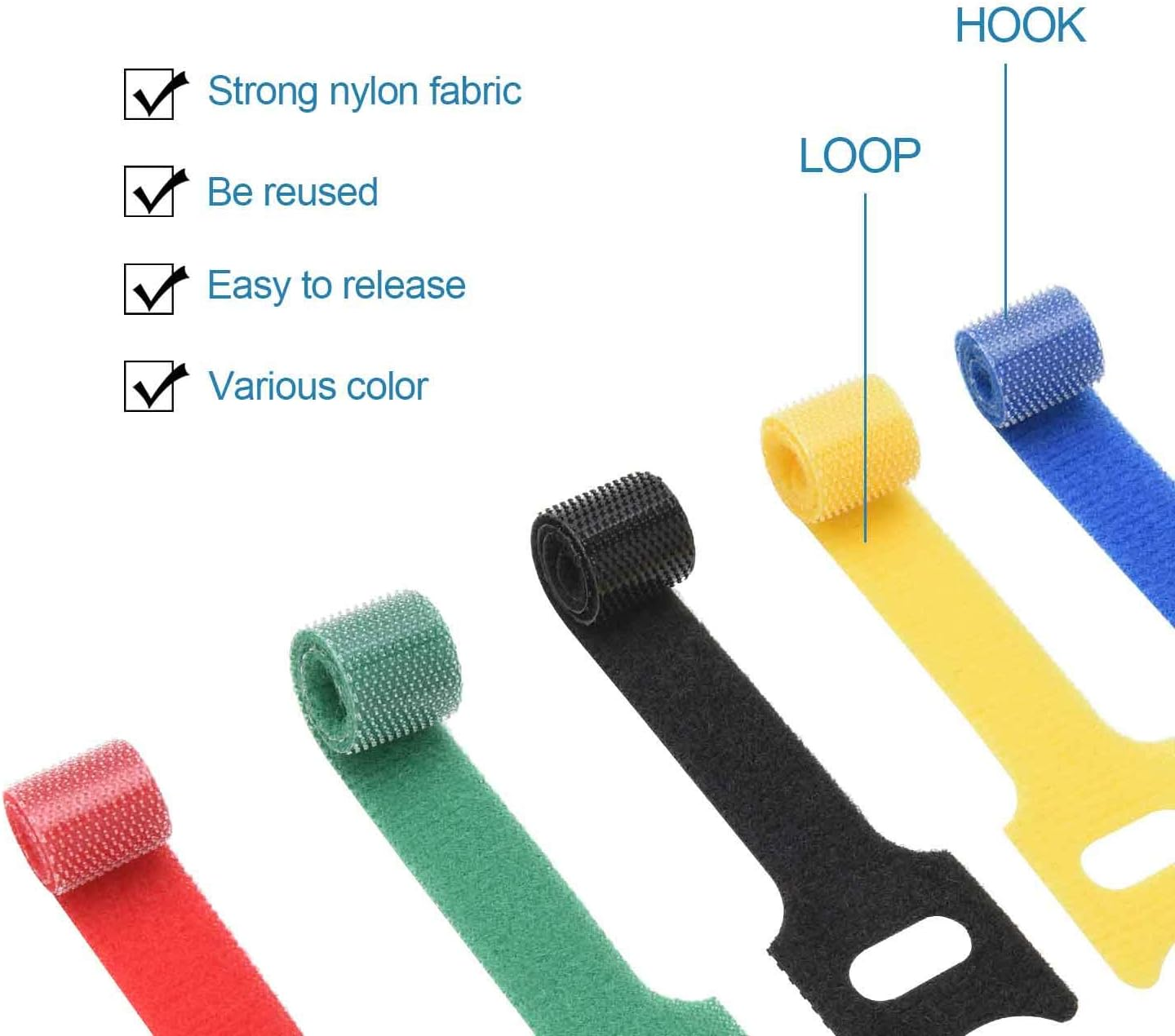 60PCS Reusable Fastening Cable Ties, 6-Inch Adjustable Cord Ties, Microfiber Hook Loop Cords Management Wire Organizer Wraps (Assorted Colors) image number 1