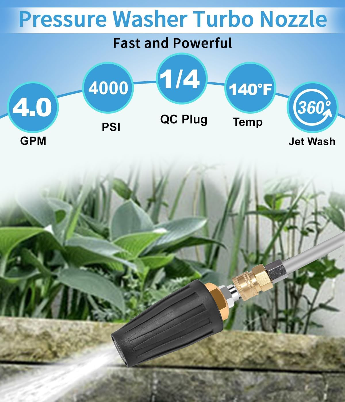 Pressure Washer Turbo Nozzle 4000 PSI - 360&deg; Rotating with 1/4 Inch Quick Connector for Cleaning Brick, Concrete, Vinyl Surfaces (4.0 GPM) image number 4