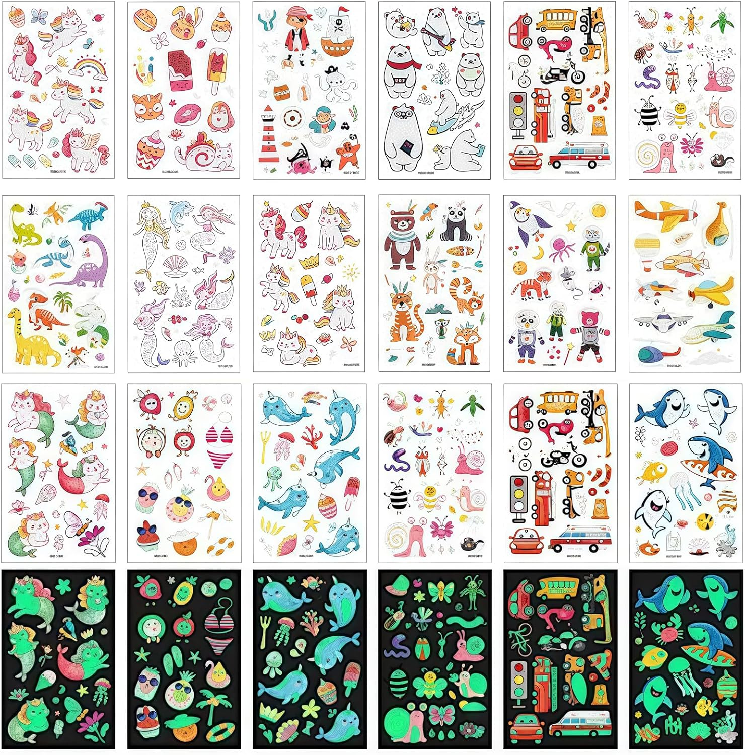 Temporary Tattoos for Kids, 260Pcs Glow in the Dark Mixed Style Cartoon Tattoo, Luminous Unicorn Mermaid Butterfly Animal Dinosaur Pirate Car Space Fake Tattoo, Boys Girls Party Favor Supplies image number 1