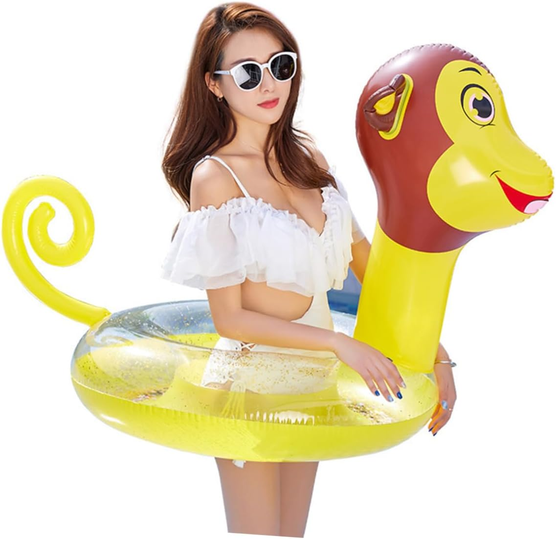 KICHOUSE Inflatable Swimming Ring for Adults, Thickened PVC Cartoon Monkey Pattern Swim Ring with Sequins, Summer Water Playing Float for Pool and Beach Fun image number 2