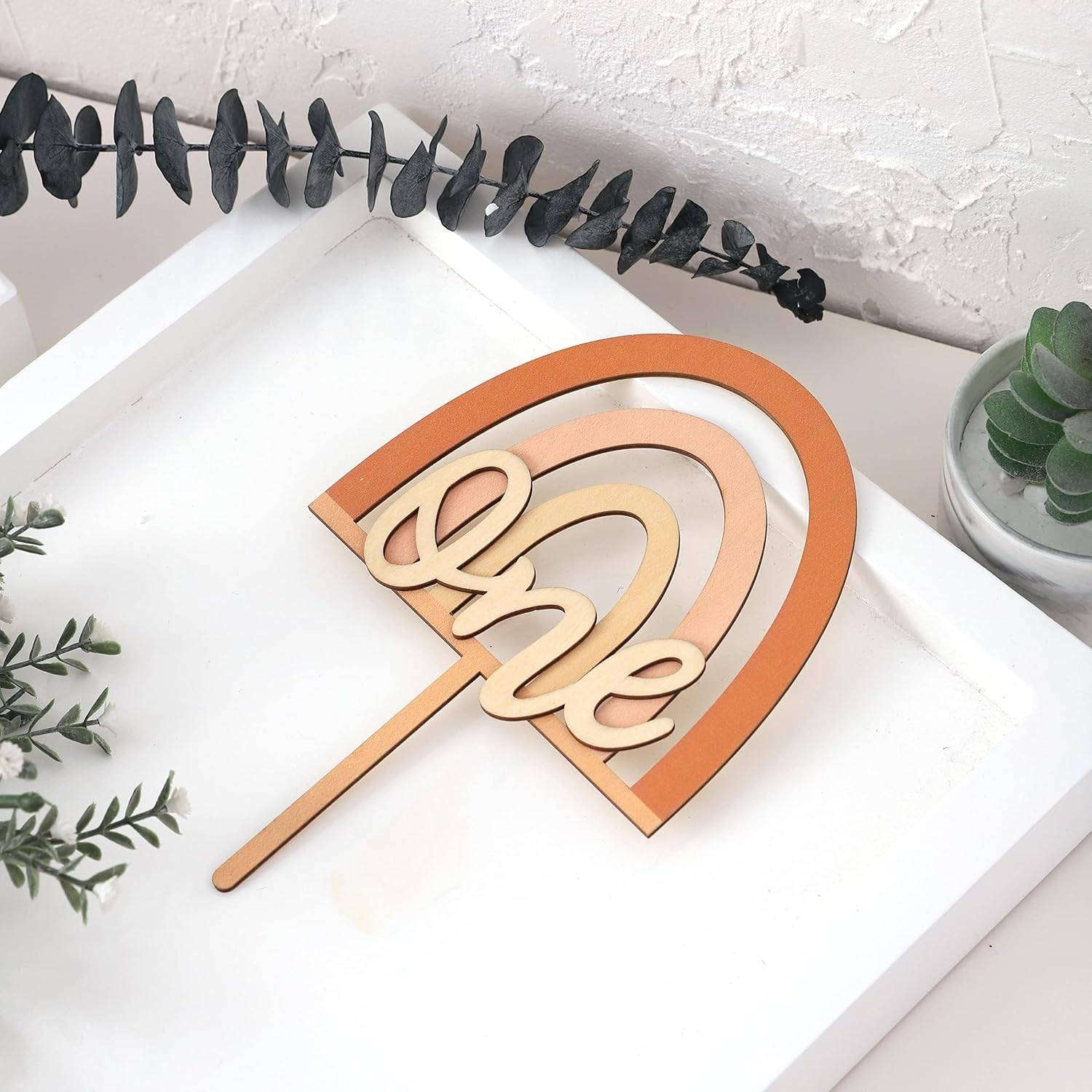 Boho Rainbow Cake Topper Wood One Birthday Topper - Boy Girl 1St Birthday Cake Topper - First Birthday Decor Cake Smash (BOHO ONE CT) image number 5