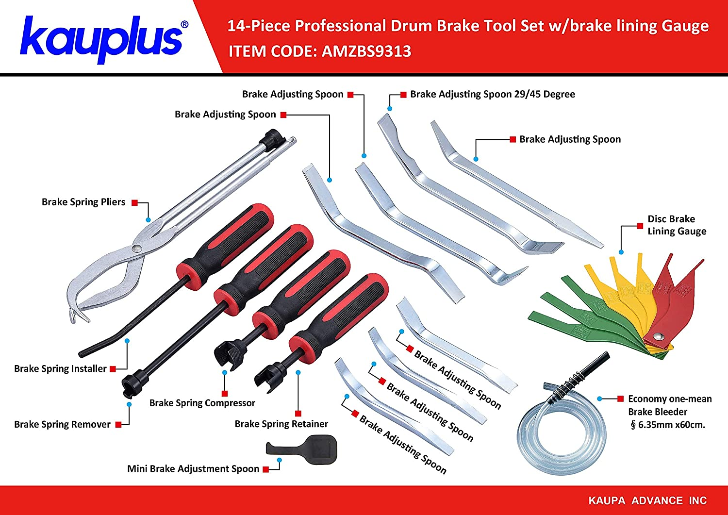 Brake Service Kit, 14-Piece Professional Drum Brake Tool Set W/Brake Lining Gauge&hellip; image number 6
