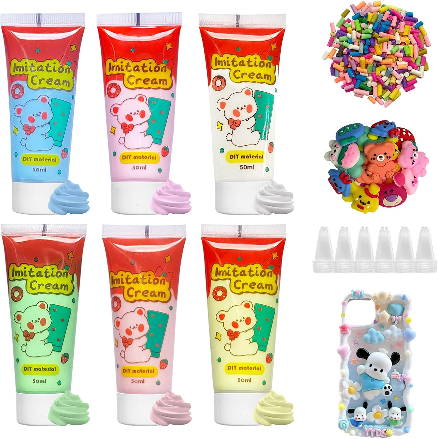 6Pcs Decoden Cream Kit, Simulation Fake Whipped Cream Glue, Deco Cream, Comes with 4 Packs of Resin Decorations and 6 Nozzles, Very Suitable for DIY Crafts and Decoration(1.69Z) image number 4