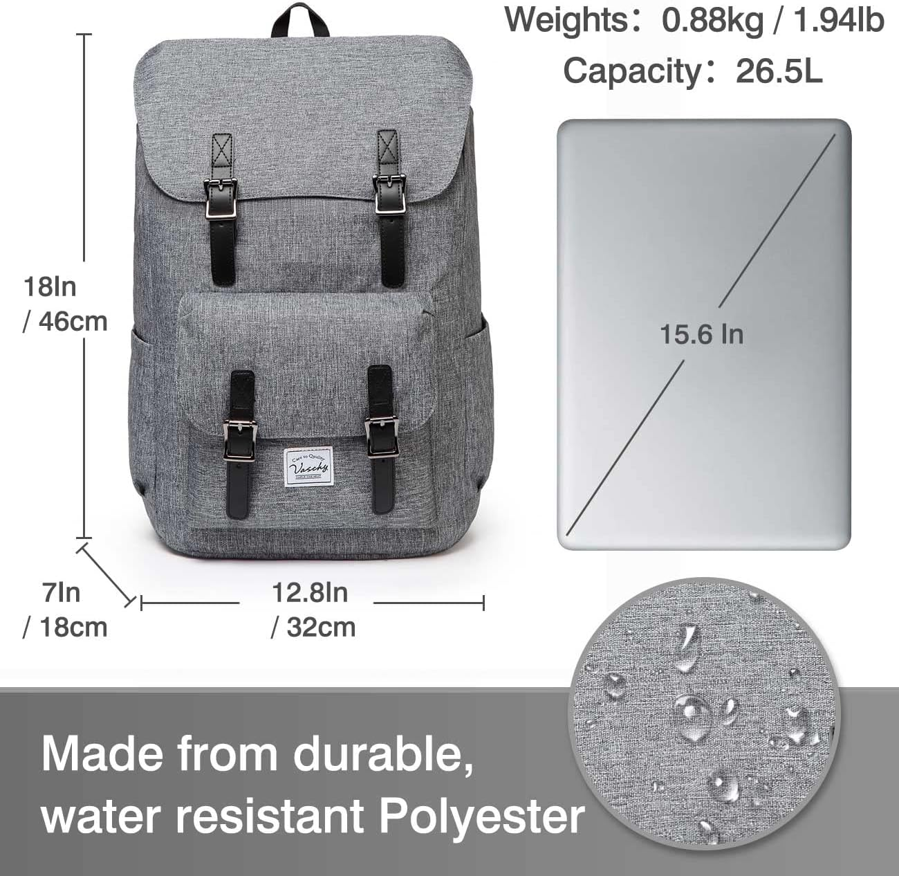 School Backpack for College, Vaschy Large 15.6In Laptop Backpack for Men Women Casual Daypack Travel Backpack Bookbag Camping Work Outdoor Charcoal Grey image number 3