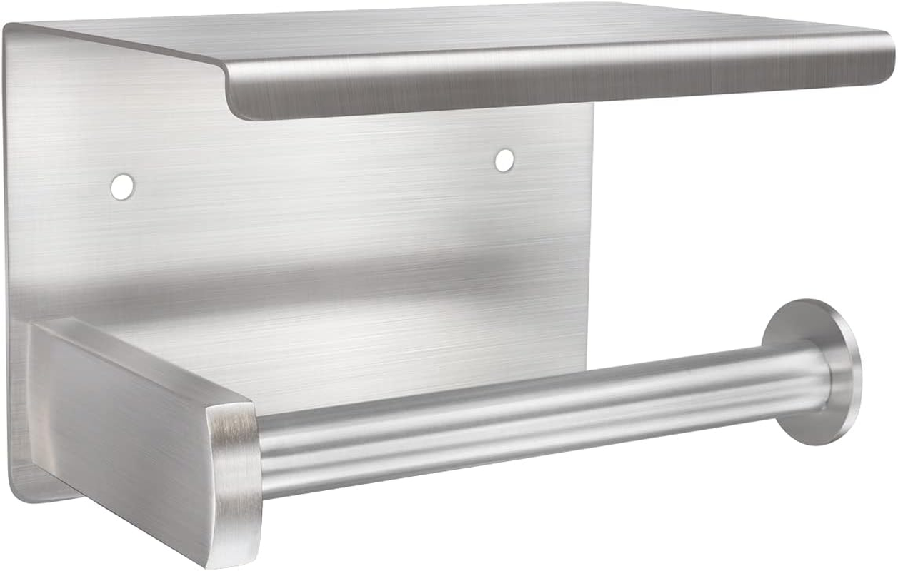 Toilet Paper Holder with Shelf Wall Mounted, Adhesive Toilet Paper Roll Holder, Stainless Steel Tissue Roll Dispenser Storage, Adhesive No Drilling or Drilling with Screws (Polished Chrome)