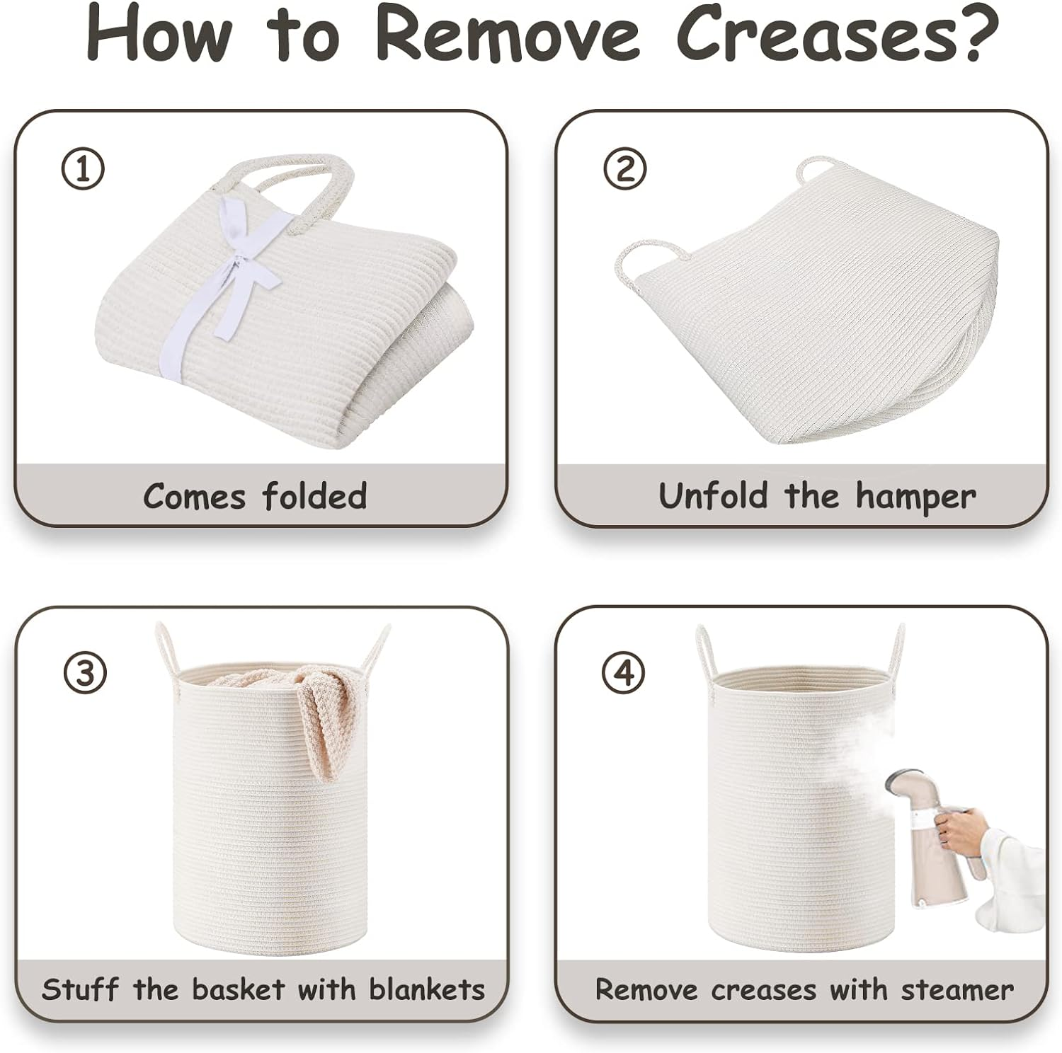 VIPOSCO Large Laundry Hamper, Tall Woven Rope Storage Basket for Blanket, Toys, Dirty Clothes in Living Room, Bathroom, Bedroom - 58L White image number 5