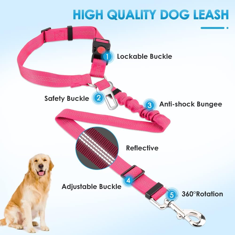 Slowton Dog Car Seat Belt, 2 Pack Headrest Restraint Seatbelt with Bowl, Adjustable Pet Safety Leads with Reflective Elastic for Dog Travel Daily Use (Fluorescent Pink, 2 Headrest + Clip + 1 Bowl) image number 2