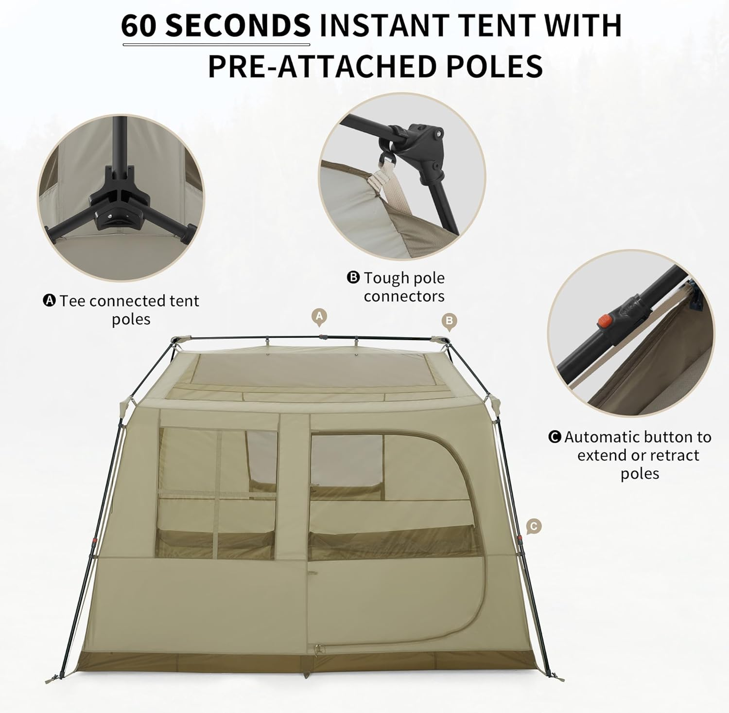 Naturehike Village Series Tent, Instant Pop up Family Tent, Upgraded Spacious Portable One-Piece Bracket Tent for 4-8Pinstant Easy Set up Camping Tent - Brown-6.0 image number 2