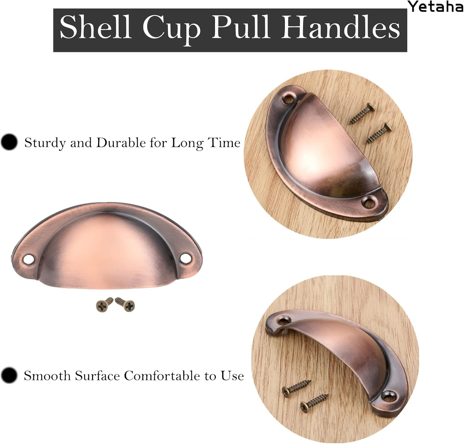 Yetaha Copper Cup Handles, 10PCS Cabinet Cup Pull Handle, Retro Shell Cup Handles, 82X35Mm Vintage Kitchen Cupboard Pulls Furniture Knob with Screws Suitable for Drawer Dresser, Door (Red Copper) - Copper,Red image number 3