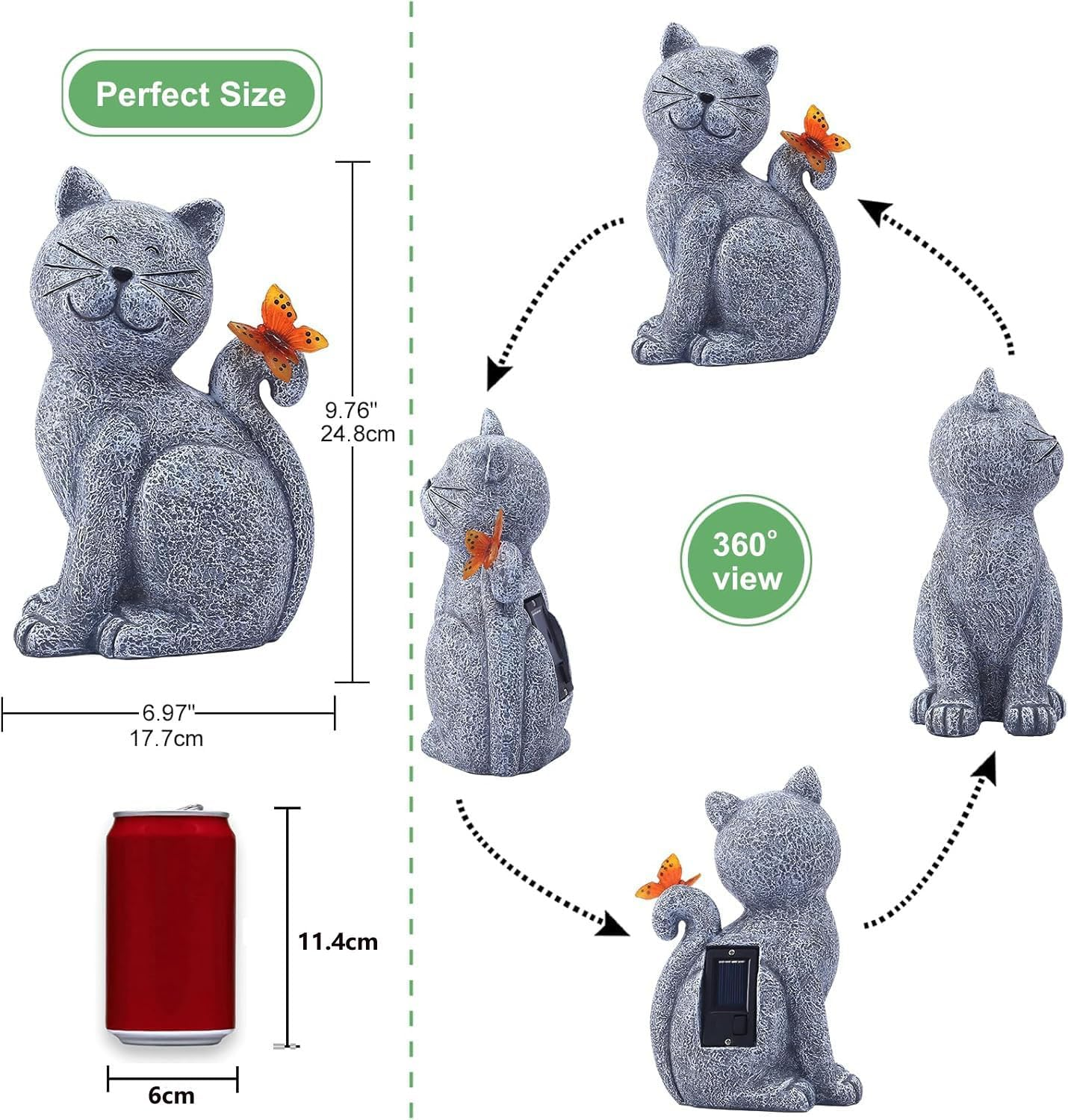 Garden Cat Statue Outdoor Solar Light, outside Decor with Butterfly, Patio Easter Ornament for Lawn Balcony Porch Yard Art Decor, Birthday Gifts for Mom Grandma Women